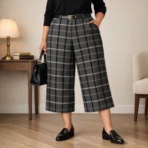 Cassis Gray Wool Plaid Wide Leg Cropped Trousers Workwear US 14